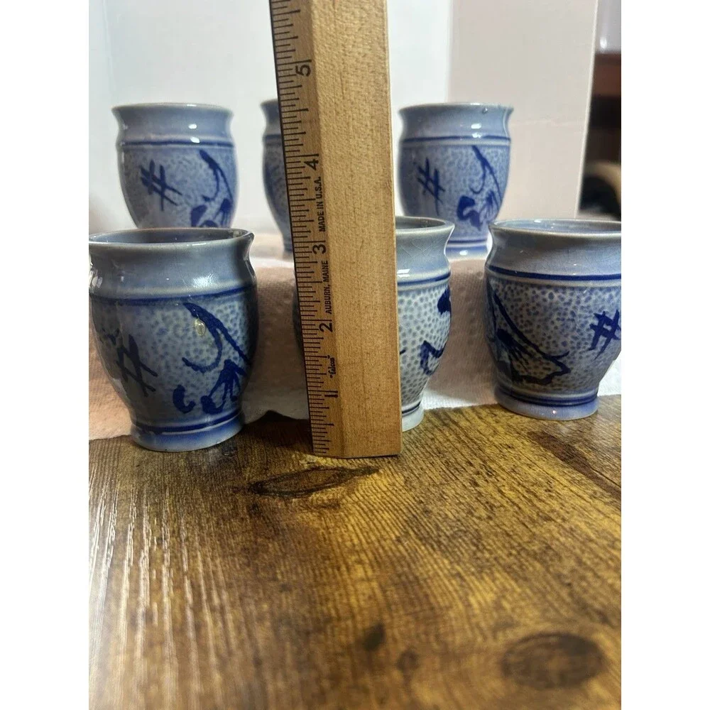 Stoneware Cups Blue Salt Glaze Swirl Tumblers Barware No Markings Wine 3.5